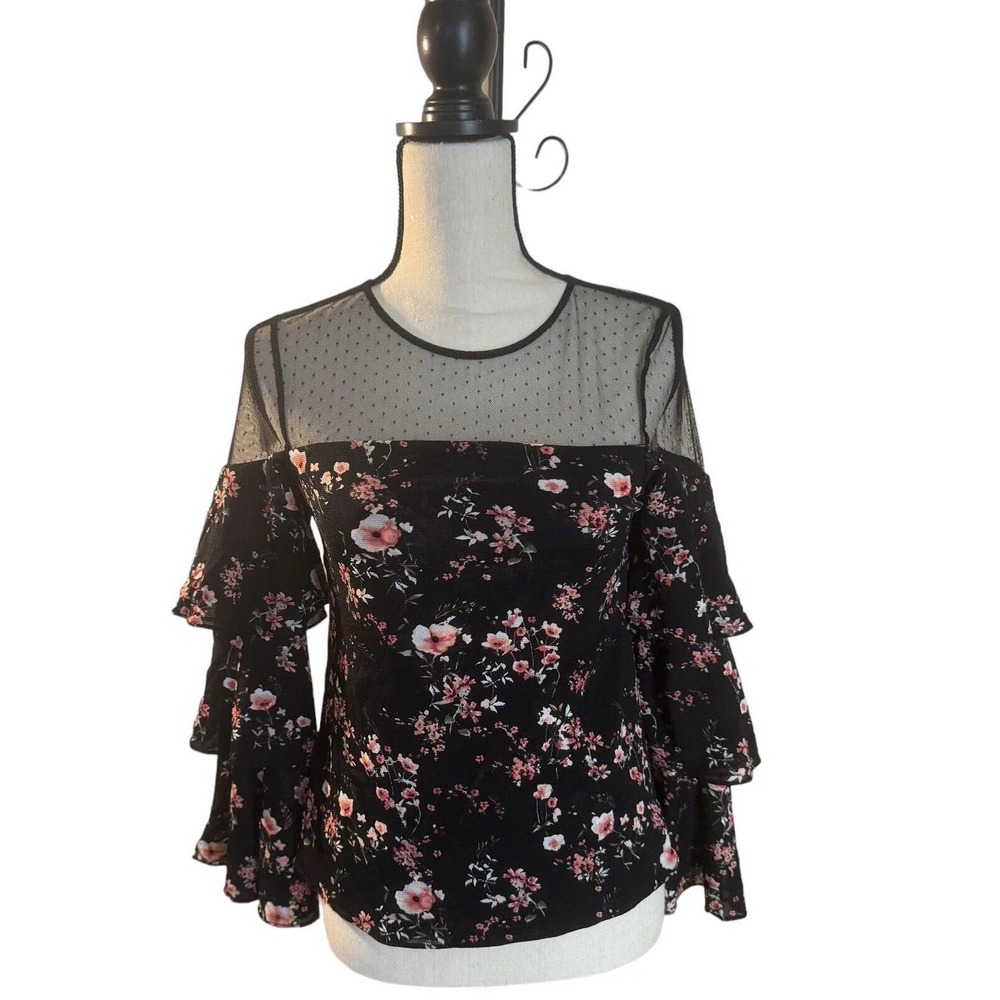 Size xSmall WHITE HOUSE BLACK MARKET FLORAL PRINT TIERED SLEEVE TOP Blouse Shirt